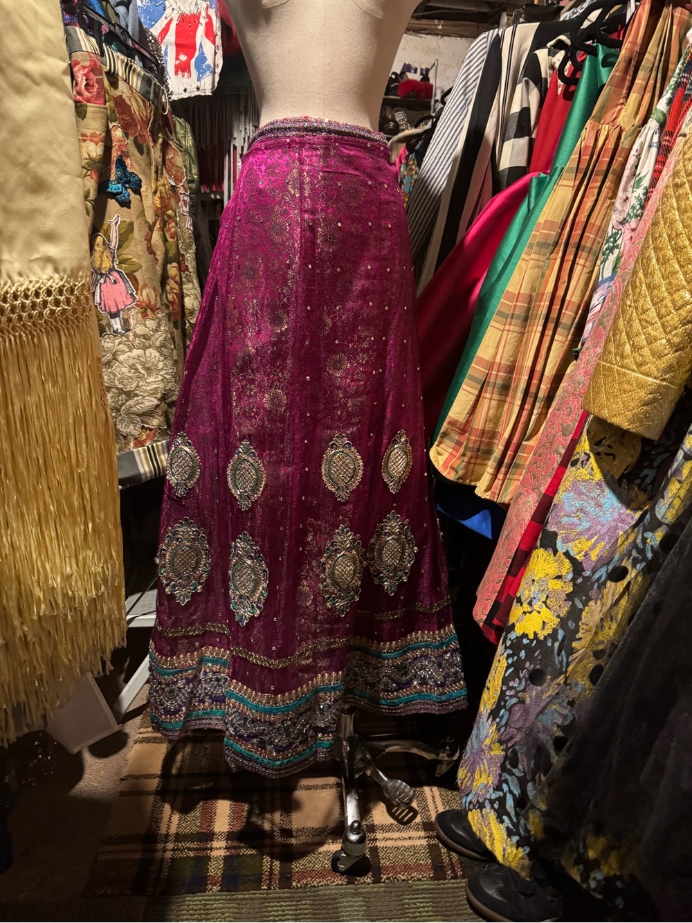 Embellished India Magenta Maxi Skirt with Metallic Sequin Accents